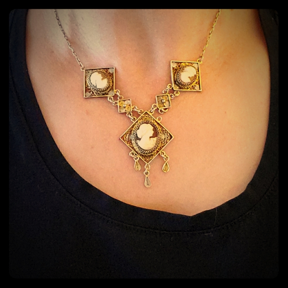Antique gold on silver carved shell cameo necklace